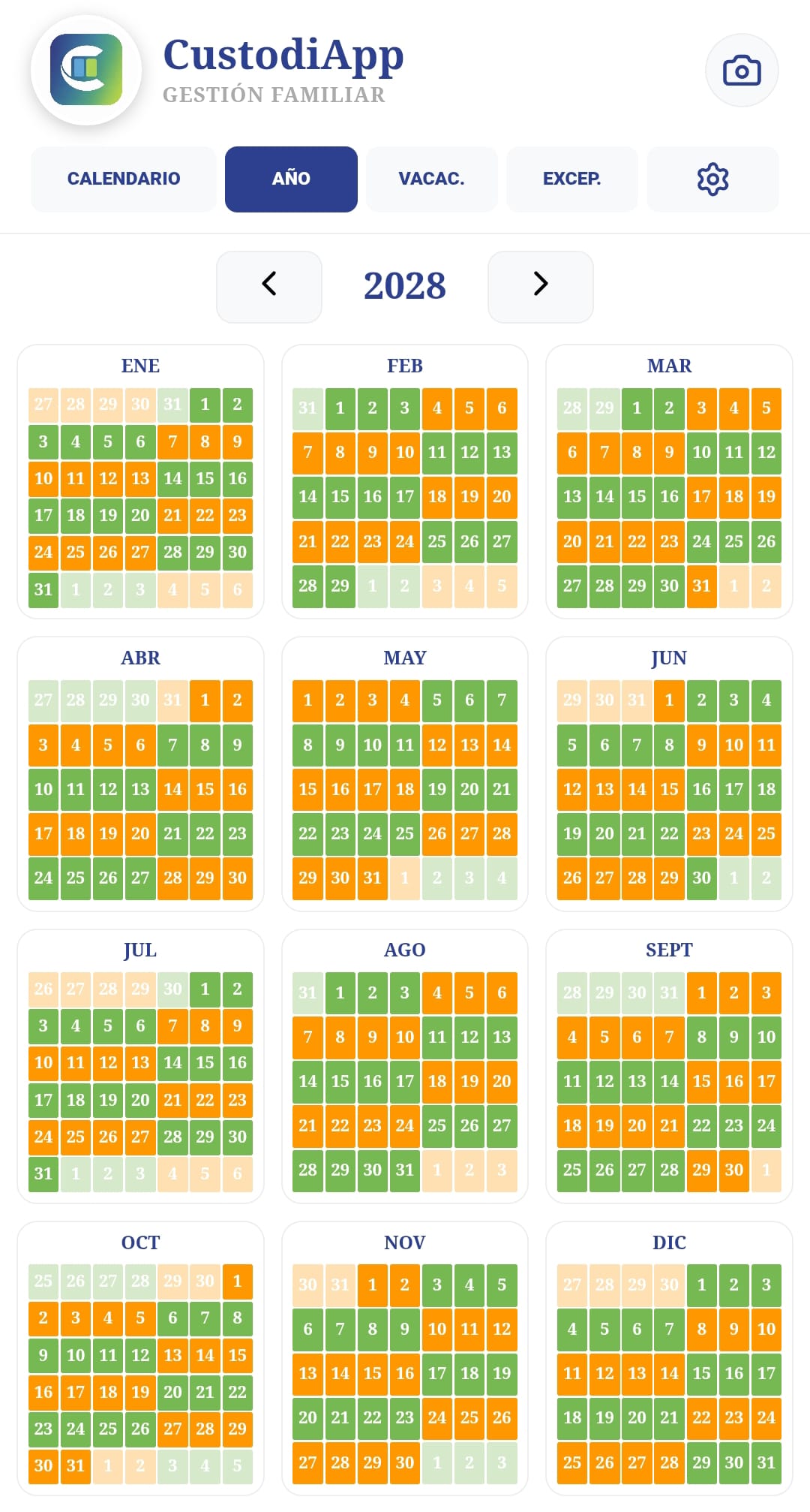 Vista anual del calendario de custodia compartida