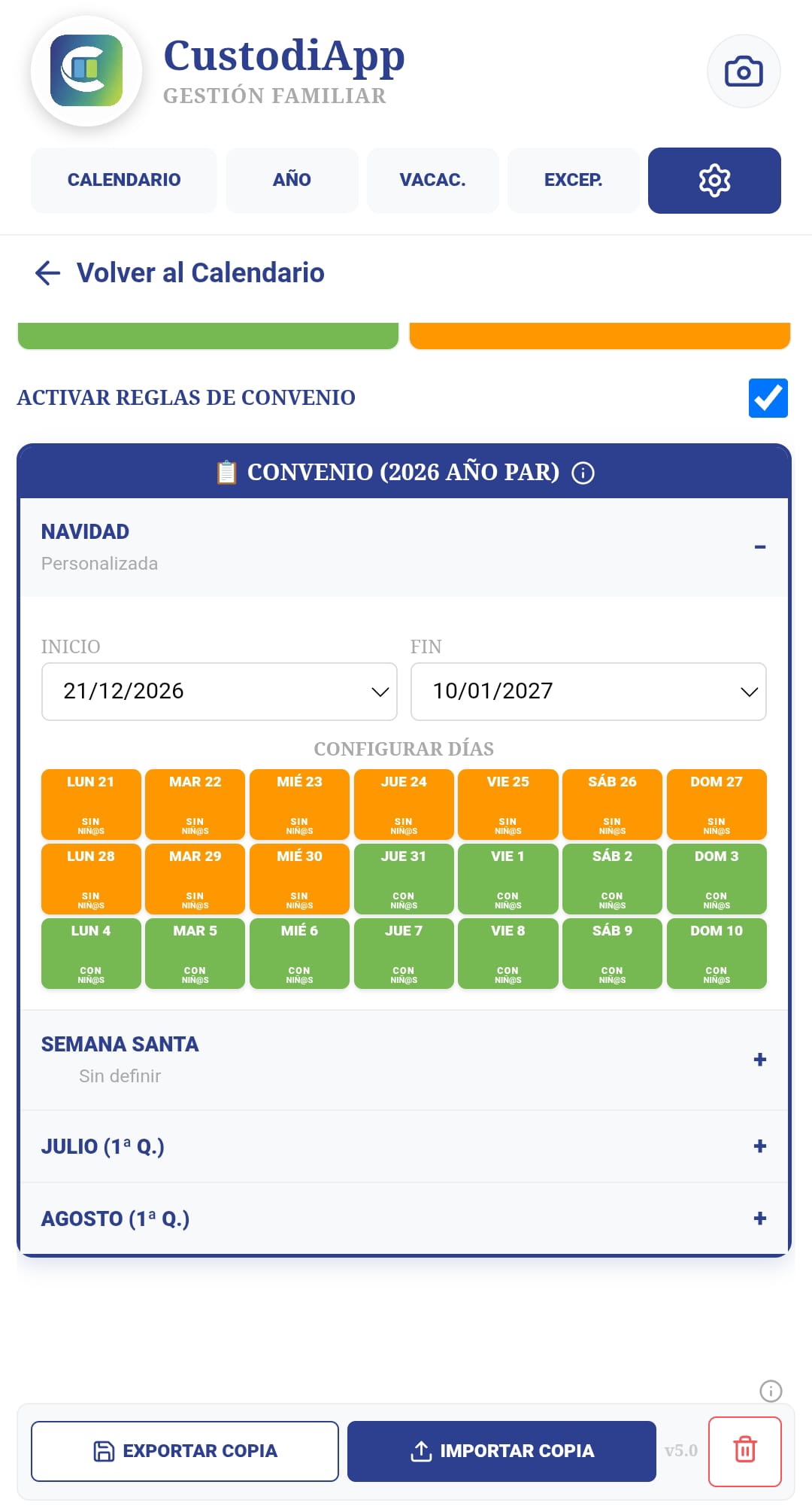 Pantalla de reglas de convenio y vacaciones