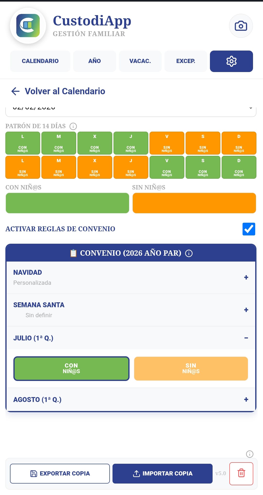 Pantalla de patrón de 14 días y ajustes